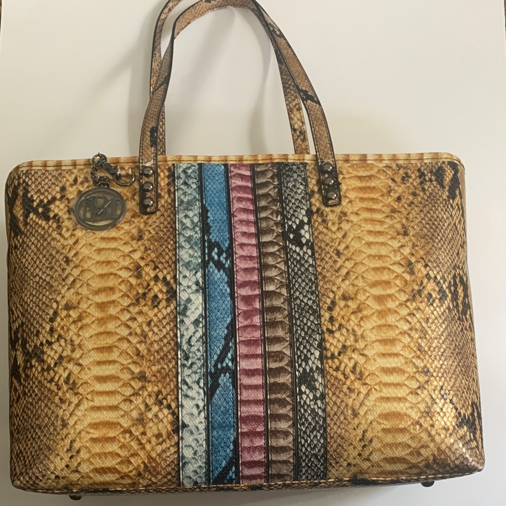 Badgley Mischka Snake Print Tote with Colorful Stripes